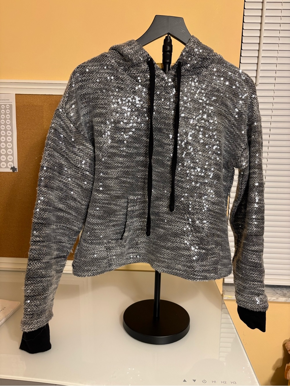 Ramy Brook Gray Sequined Hooded Pullover Sweatshirt